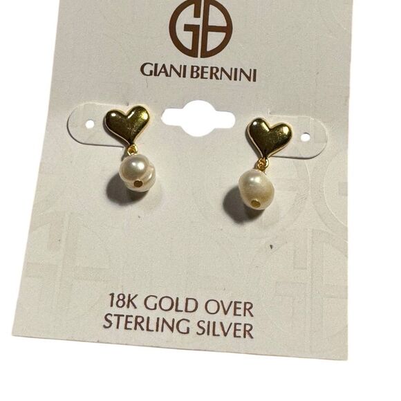 Giani Bernini Sterling Silver 18k Gold plated Heart cultured Pearl Drop Earrings - Picture 2 of 4